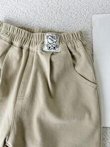 Young Boy Double-Layer Washed Cotton Casual Pants, Elastic Waist Solid Color Design, Simple & Elegant, Suitable For Autumn/Winter, Daily Wear And Outdoor Activities - Khaki - View 5