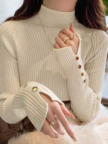 女式卡其色高领毛衣，金属纽扣装饰，温暖针织上衣，适合分层穿着，适合通勤和日常穿着，秋冬 - 米杏色 - 查看 5