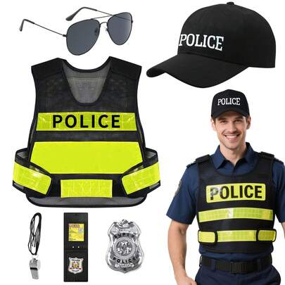 6Pcs Officer Costume Set, Authentic Accessories Set With Reflective Vest Hat Glasses Whistle Badge ID Card For Man Cop Theme Party Dress Up