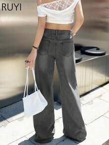 女士灰色蕾丝破洞阔腿牛仔裤，中腰宽松休闲日常穿着及派对显瘦牛仔裤 - 灰色 - 查看 6