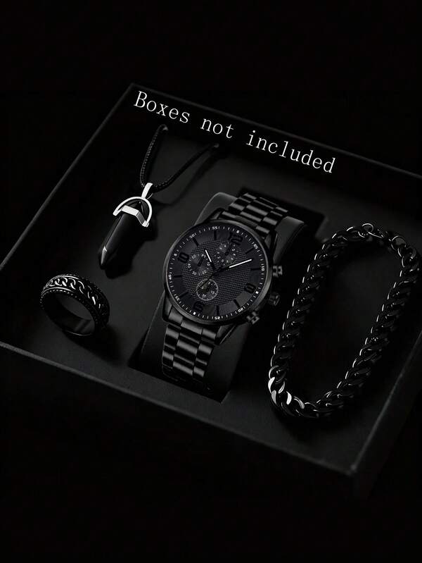 4 peças, relógio masculino, relógio de quartzo preto de luxo para negócios, pulseira da moda masculina, colar, conjunto de joias com anel, adequado para trabalho e uso diário, presente de Dia dos Namorados, conjunto de relógio e pulseira masculino