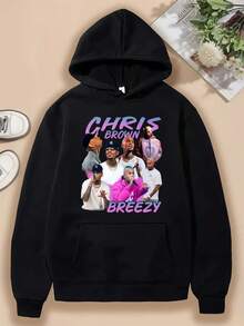 " Breezy" Graphic Hoodie, Black Figures & " BREEZY" Text Print Sweatshirt, Music Fan Casual Daily Wear - Black - View 3