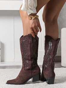 Ideal With Fall Clothes,Women's Western Style Embroidered Pointed Toe Slip-On PU Knee-High Boots, Chunky & Mid Heel, Winter Warm - Brown - View 2