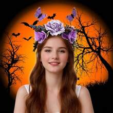 Purple Rose Flower Butterfly Headband Crown Headpiece Day Of The Dead Halloween Wedding Party Hair Hoop For Women Fairy Accessories Supplies