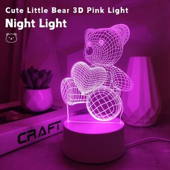 1 st 3D-nalle & hjärtformad visuell akrylnattlampa med rosa LED-ljus, inredning i hematmosfär för sovrumsstudierum Vardagsrum, användning i flera scener