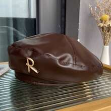 Women Beret Hat, Elegant PU Leather Alphabet Soft Warm Painters Cap Artist Hat For Fall Winter