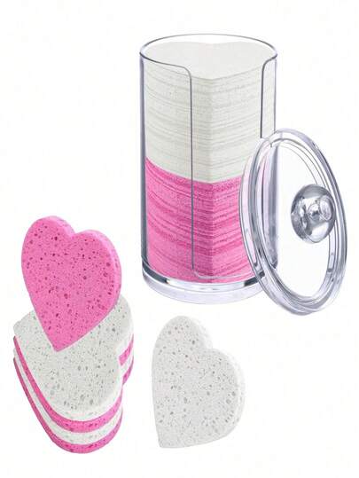 50 Piece Heart Shaped Natural Compressed Cellulose Facial Sponges For Makeup Remover And Exfoliation With Clear Plastic Sponge Storage Jar, Suitable For All Skin Types