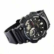 Casio AEQ-110W-1A 男士运动时尚模拟数字手表，配备 10 年电池，树脂表带银色圆形表盘多功能手表，日期/星期日历闹钟和秒表，100 米防水，适合日常运动户外穿着，是送给学生的理想礼物 - 黑色和銀色 - 查看 3
