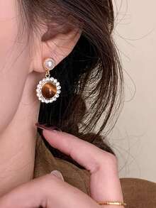 1 Pair Elegant French Retro Luxury Rhinestone & Tiger Eye Geometric Earrings, Fashionable For Women's Daily, Holiday, Party Wear