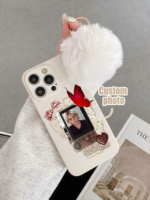 1pc Customizable White TPU Phone Case With Camera Frame Background Image, Shockproof + 1pc White Furry Ball Pendant Compatible With IPhone/Android///OPPO Phones, 17 Pro Max, A14, A54, A52, A31 4G, A23