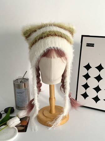 Cute Cat Ear Colorful Knitted Beanie Hat For Women, Solid Color Witch Knitted Bucket Hat With Pom Pom, Braided Trapper Earflap Hat, Versatile Handmade Knit Bucket Hat With Tie