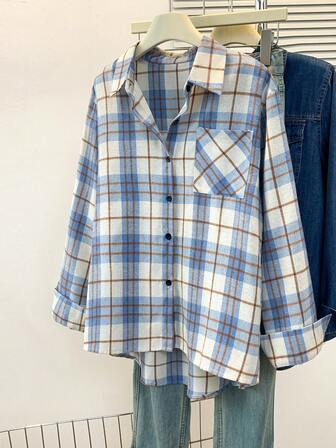 女式浅蓝色格子长袖衬衫，休闲学院风上衣