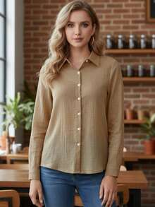 Women's Cotton Linen Blouse Long Sleeves Plus Size - Brown - View 2