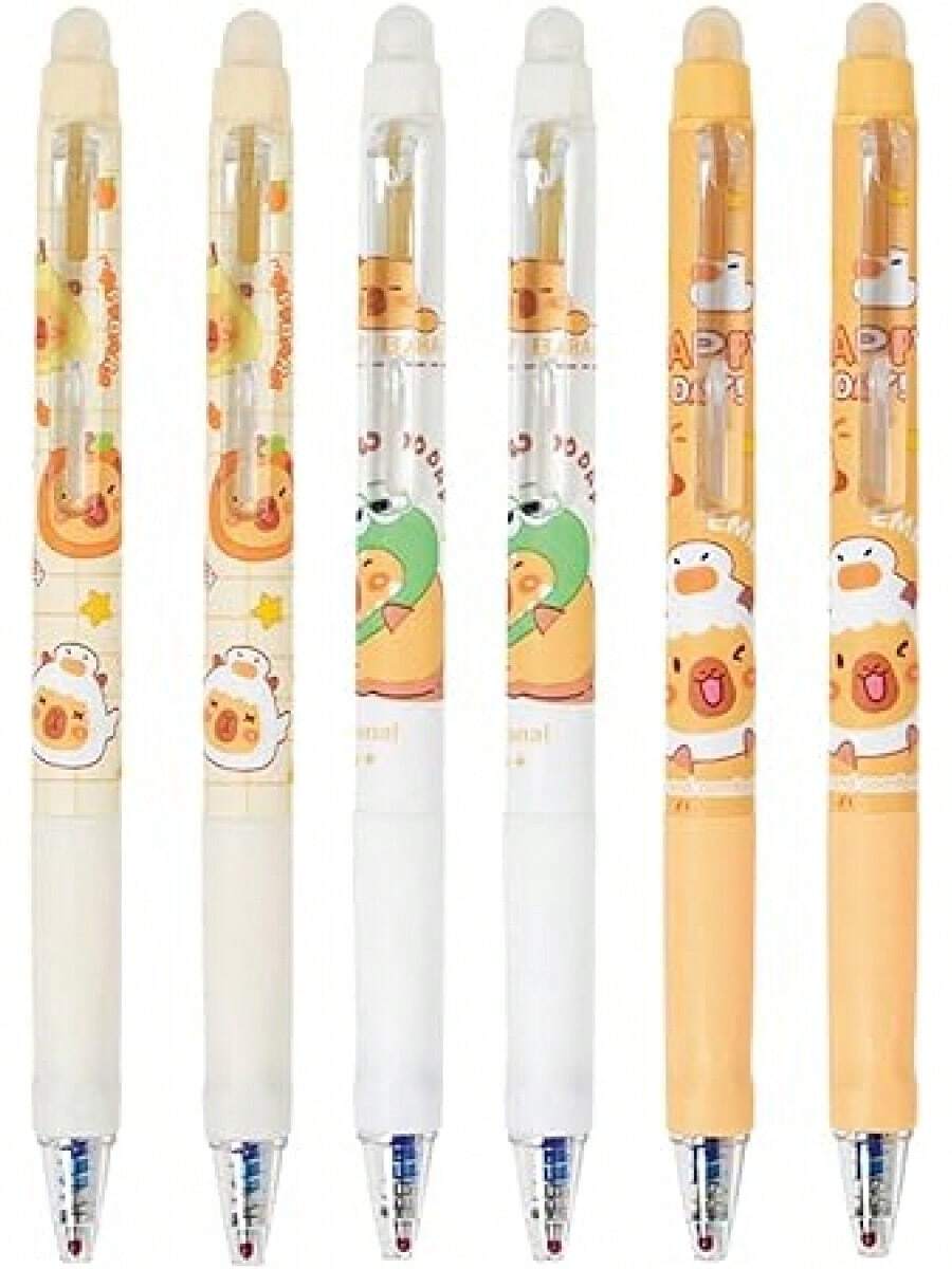 6 Pcs Cute Erasable Gel Pens Retractable Erasable Pens 0.5mm Fine Point Black Ink Writing Pen For Office School Supplies - 水豚-黑墨水_ - 查看 1