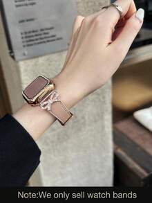 1pc Women's Lotus Pink Leather Bow Crystal Strap Compatible With 38/40/41/44/45/49/42/46mm Series 11/SE3/Ultra3/Ultra/SE/SE2/10/9/8/7/6/5/4/3/2/1 - Lotus Pink Rose Gold Buckle - View 3