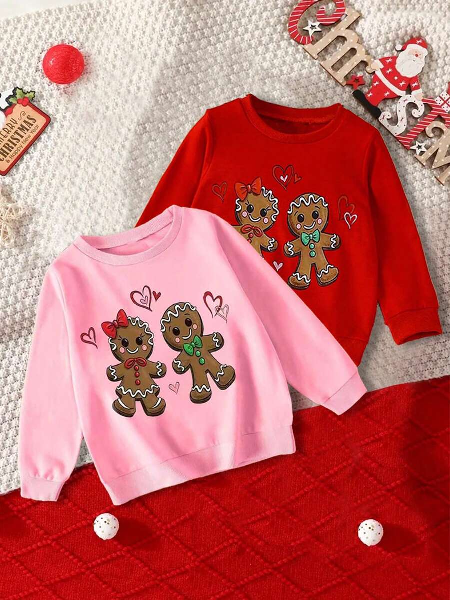 Conjunto de 2 peças para meninas: Moletom de manga comprida com estampa de biscoito de gengibre, ideal para o Natal ou outono/inverno. - Multicolorido - Ver 1