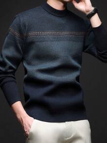 Men Striped Crew Neck Casual Minimalist Design Thick Knit Sweater, Winter, Long Sleeve Top
