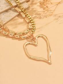 2件套复古夸张时尚金属心形吊坠项链，不对称仿珍珠项链，女士日常佩戴及海滩假日派对装饰饰品套装礼品 - 金色 - 查看 3