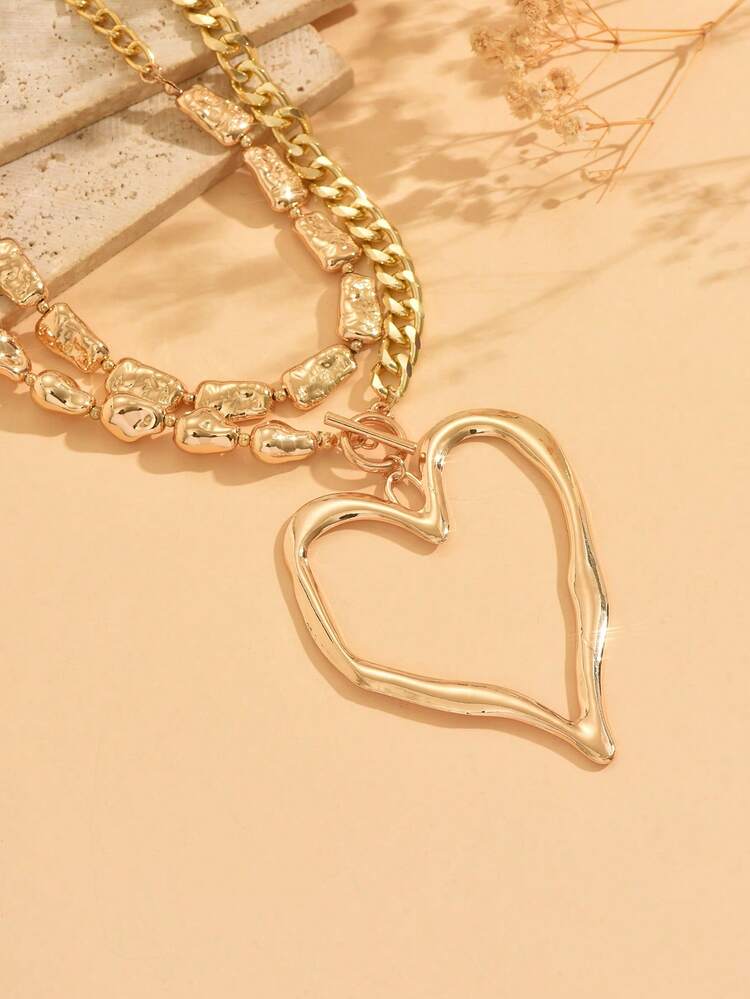 2 piezas Conjunto de joyería decorativa de collar con colgante de corazón de metal vintage exagerado y collar asimétrico de perlas falsas, para uso diario, playa, fiesta, regalo - Dorado - Añade 3