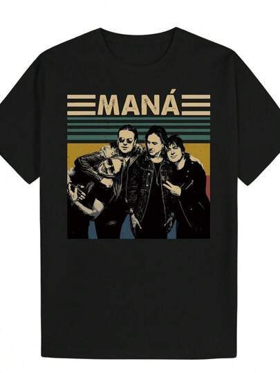 Camiseta Gráfica de Banda Musical para Hombres - Estilo Vintage, Manga Corta, Cuello Redondo con Impresión Mana y Diseño del Grupo Completo (4 Integrantes), Ropa Casual Veraniega Ideal Gimnasio o Exteriores, Ajuste Cómodo Transpirable Conciertos e Informales Diarios, Lavable a Maquina Moda Masculina con Atrevido Print Musicista, Perfecta Correr Pescar Capas Layerings Camiota Elegante Hombre