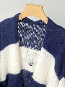 Áo len cardigan dài họa tiết khối màu cỡ lớn, chất liệu dệt kim mềm mại thời trang có tay áo lồng đèn - Áo len cardigan dài tay họa tiết sọc đen trắng, thiết yếu cho mùa thu/đông, vải dệt kim màu tương phản, áo len cardigan dệt kim gân cỡ lớn dành cho nữ, thích hợp cho ngày lễ, mùa xuân/thu - Xanh và trắng - Xem 7