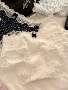 6条装可爱日式格子、波尔卡圆点、花朵蕾丝边甜美纯棉女士内裤