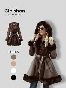Giolshon Women's PU Leather Jacket With Faux Fur Lining, Hood And Belt - Minimalist & Fashionable, Suitable For Autumn/Winter - Chocolate Brown - View 6
