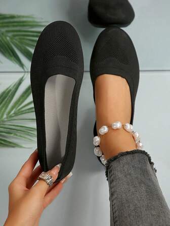 Nuevos zapatos casuales cómodos y transpirables de punto con punta redonda y sin cordones para mujer talla grande, versátiles y estilizadores, para otoño/invierno