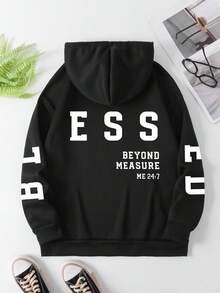 Plus Size Women's Daily Letter "ESS", Text "BEYOND MEASURE" "ME 24:7" And Sleeve Letter Pattern Hooded Long Sleeves Casual Spring/Summer/Fall Women's Plus-Size Long-Sleeved Sweatshirt Christmas Going Out Tops Women, Vacation Outfits Women - Black - View 5