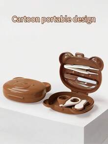 5件套棕色婴儿指甲护理套装卡通便携设计指甲剪、指甲钳、鼻镊指甲锉收纳盒圆形刀片防止意外受伤专业婴儿设计带指甲钳带碎屑收集功能PP+不锈钢材质