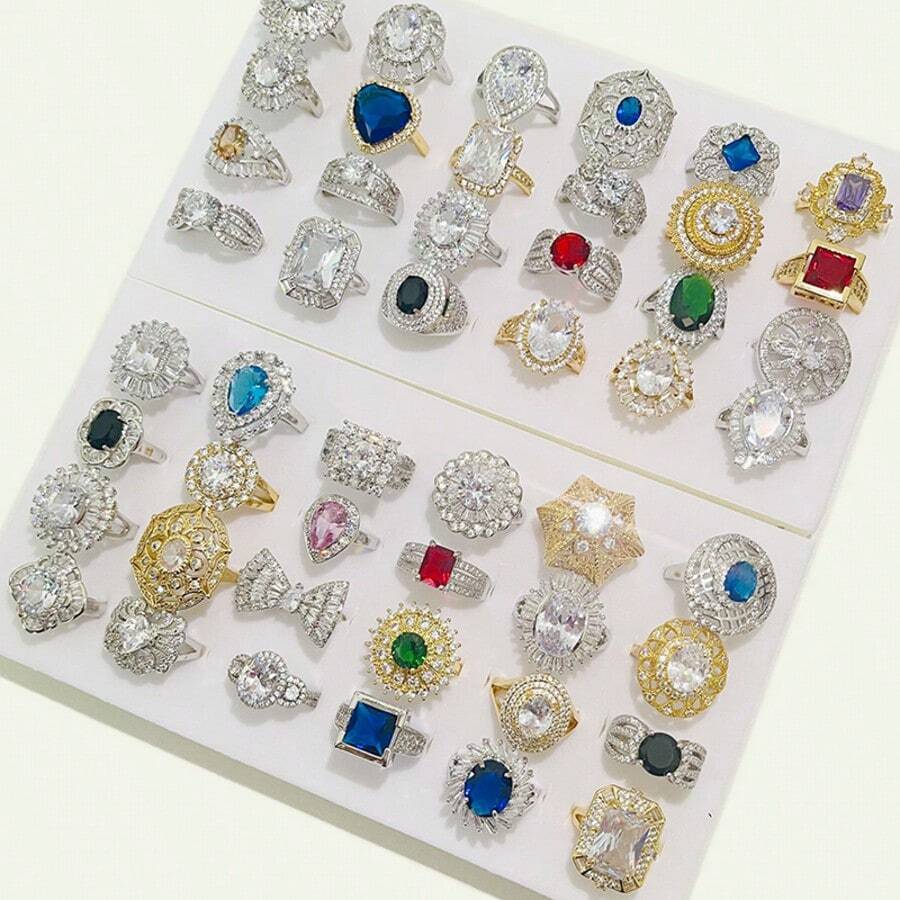 24pcs/Set Assorted Cubic Zirconia Rings, Different Sizes - 24 Styles - View 1