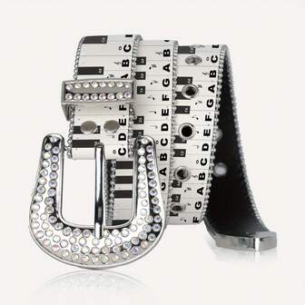 1pc Novelty Piano Key Print Rhinestone Decor Belt, Fashion Y2K Versatile Metal Buckle Waist Belt, Punk Rock Style Old Money Vintage Autumn/Fall Urban Outfit Classic Christmas Winter Fashion Daily Men Boyfriend Gift