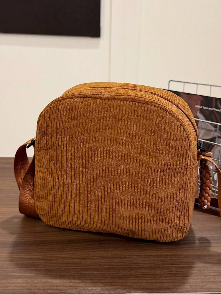 1 pieza Bolso de hombro de moda informal de niña joven de pana con cierre de cremallera, adecuado para uso diario - Bolso de pana - Añade 7