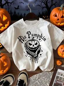 Autumn theme, pumpkin skull design and drip inspirational pattern T-shirt, pure cotton T-shirt round neck single piece casual top, soft and comfortable top, participate in religious Halloween, Thanksgiving, Christmas parties - Blanco - Ver 1