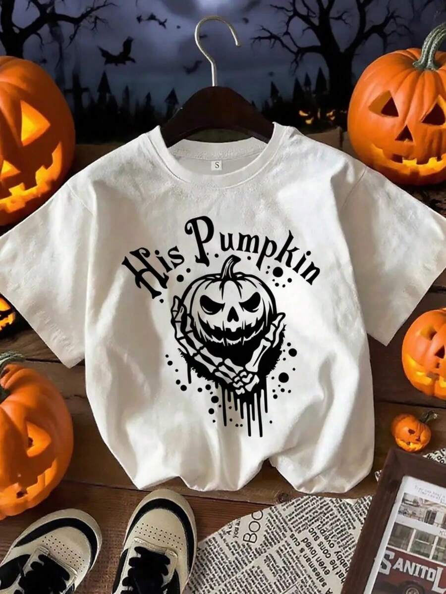 Autumn theme, pumpkin skull design and drip inspirational pattern T-shirt, pure cotton T-shirt round neck single piece casual top, soft and comfortable top, participate in religious Halloween, Thanksgiving, Christmas parties - Blanco - Ver 1