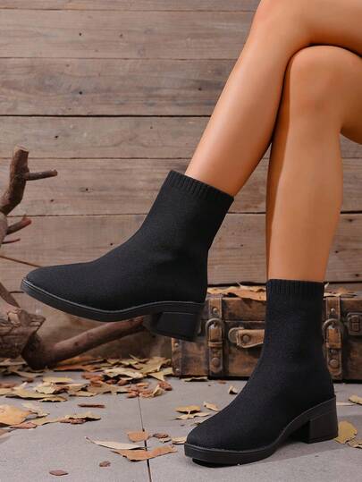 Botas Chelsea de Bico Redondo da Moda, Botas Casuais de Tornozelo Respiráveis até a Panturrilha para Mulheres, Adequadas para Esportes, Casa, Férias, Botas Pretas Versáteis