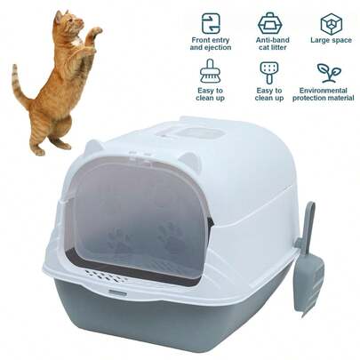 Durable Portable Hooded Cat Litter Box Deep Loo With Scoop Two Way Movable Door Kitty Litter Tray Enclosed Cat Toilet
