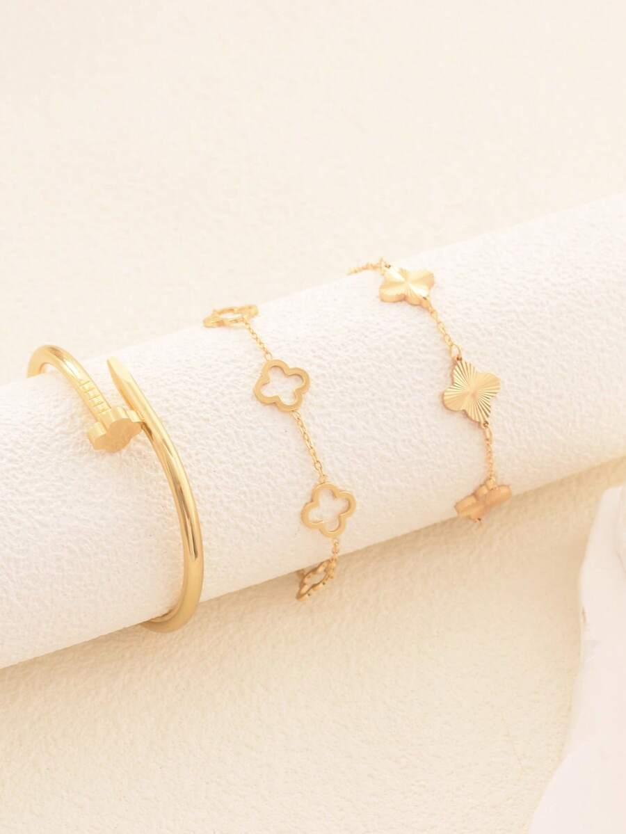 1 pièce Bracelet creux à fleur de trèfle, convient pour le port quotidien des femmes - Multicolore - Voir 1