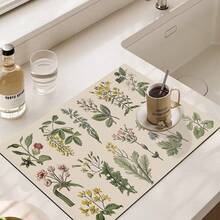 1 pieza Felpudo de secado de platos con estampado de hierbas, almohadilla absorbente para encimera de cocina, felpudo de goteo para tocador de baño, felpudo de drenaje de agua de silicona suave para grifos, posavasos de tocador, felpudo antisalpicaduras de inodoro, accesorios de cocina y baño - Multicolor - Ver 15