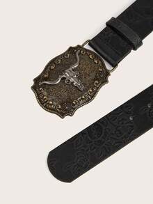 1 件女士复古雕花牛头扣 PU 皮革西式腰带波西米亚风腰带，非常适合日常使用万圣节秋季、秋季、万圣节