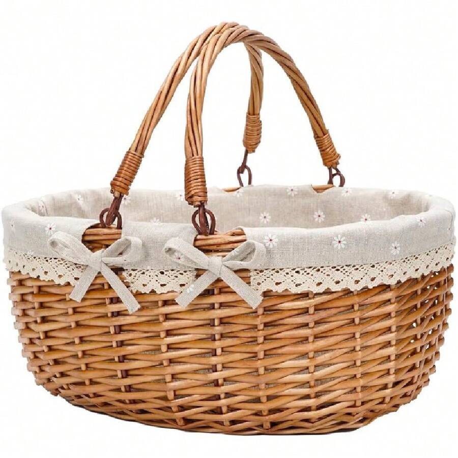 Wicker Picnic Basket With Double Folding Handles,Willow Picnic Hamper,Natural Hand Woven Easter Basket,Easter Eggs And Candy Basket,Bath Toy And Toy Storage,Gift Packing Basket.White,24515598 - 黑與白 - 查看 1