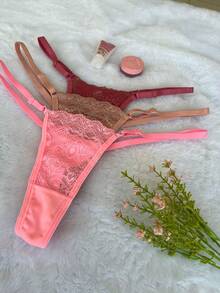 Kit Of 3 Lace Panties With Double String And Side Adjustment. Comfortable, Transparent Fabrics, Lingerie, Intimate Fashion, Perfect Fit. - Multicolor - View 6