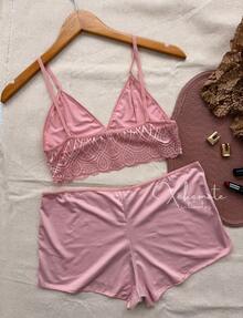 Conjunto sem Bojo Baby Doll em Renda Shortinho para Dormir Liganete Conforto Lingerie Feminina Moda Intima - Rosa empoeirado - Visão 3