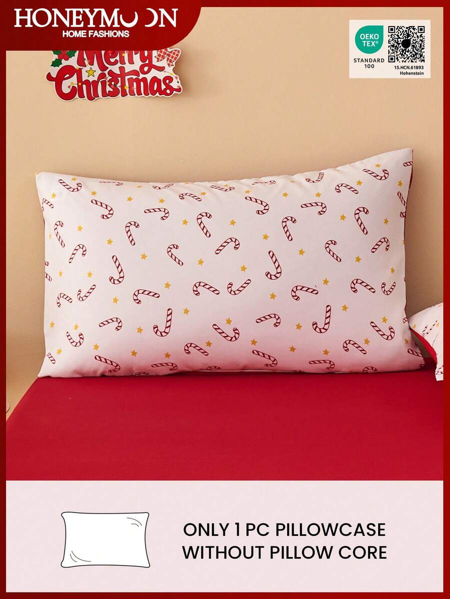 1 față de pernă cu imprimeu de trestie de bomboane de Crăciun, fără umplutură, moale și respirabilă, potrivită pentru Crăciun și decorul zilnic pentru sufragerie, dormitor, canapea, față de pernă pentru mașină, lavabilă la mașină. Pentru așternuturi de casă și articole esențiale pentru cămin, certificată Oeko-Tex