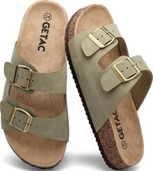 GETAC CHANCLAS MUJER, SANDALIAS HOMBRE con Plantilla de corcho Suela Antiderrapante EVA PANTUNFLAS Unisex, Broche hebilla con Correas ajustables Cómodas estilo casuales playa. - Gris pardo - Ver 8