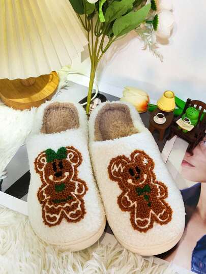 Pantuflas de mujer de felpa suave con bordado de dibujos animados, pantuflas de interior antideslizantes para el hogar en Navidad