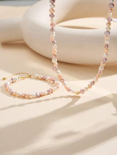 Set di gioielli in perle barocche fatti a mano, multicolore | Collana e bracciale in perle d'acqua dolce naturali da 5-6 mm | Placcato in argento 925 oro bianco/14 carati | Regalo per la fidanzata, matrimonio, accessori per appuntamenti