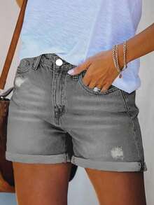 Cross-Border American Street Style New Summer Versatile Vacation Style Loose Simple Casual Hem Worn Solid Color Washed Women's Jeans - Light Grey - View 3