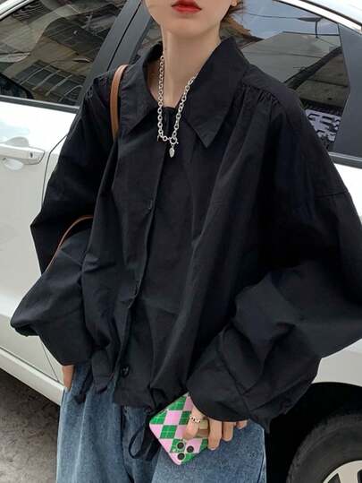 Women's Solid Color Drop Shoulder Loose Casual Long Sleeve Single-Breasted Shirt