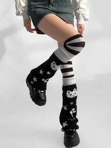 1双Y2K五角星腿套，不对称猫星腿套，洛丽塔风格加厚针织腿套，及膝长筒腿套，适合秋冬季节，舒适保暖 - 黑色 - 查看 6